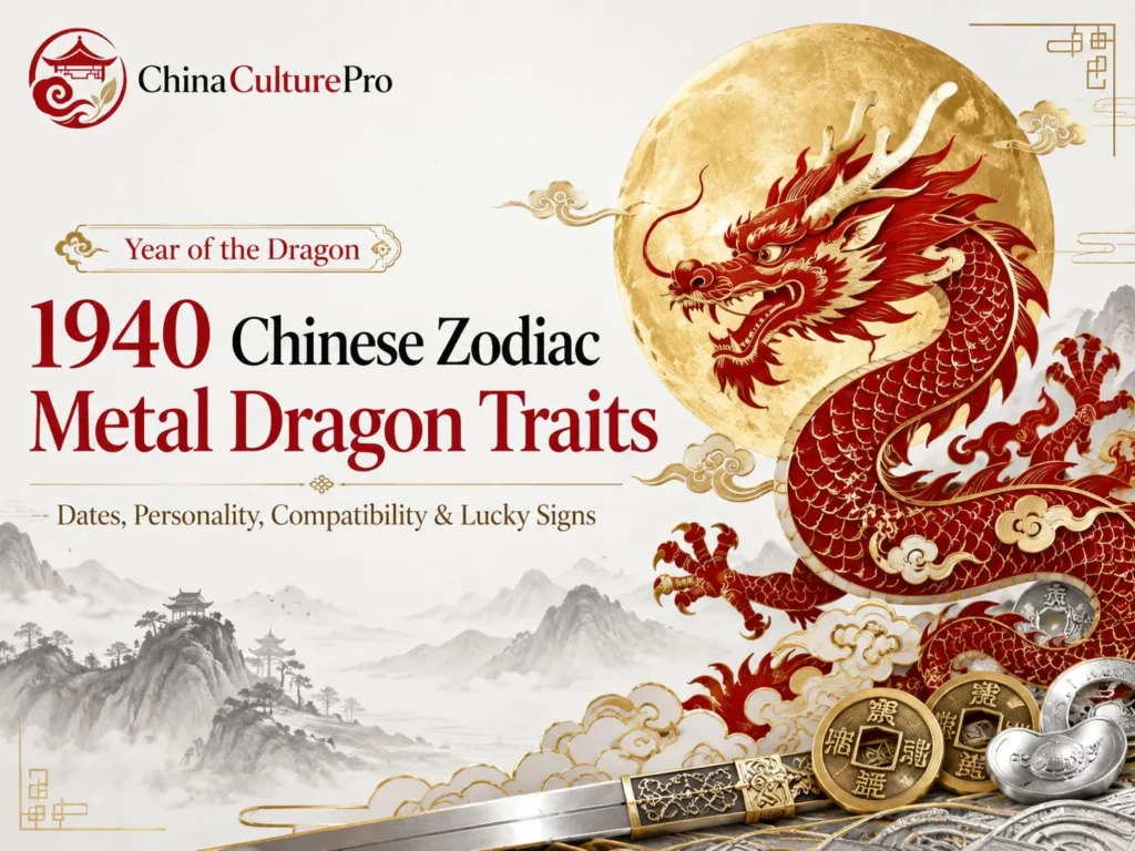 1940 Metal Dragon zodiac cover with red gold dragon moon mountains coins and China Culture Pro logo