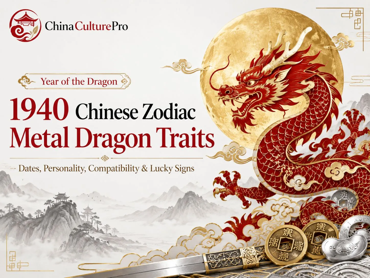 1940 Metal Dragon zodiac cover with red gold dragon moon mountains coins and China Culture Pro logo
