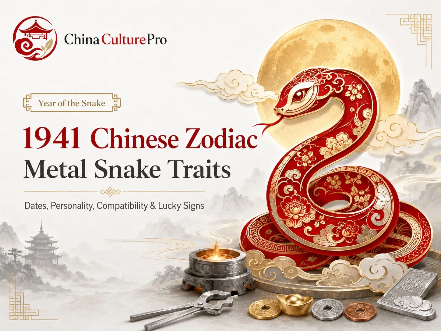 1941 Metal Snake zodiac cover with red gold snake moon forge and China Culture Pro logo