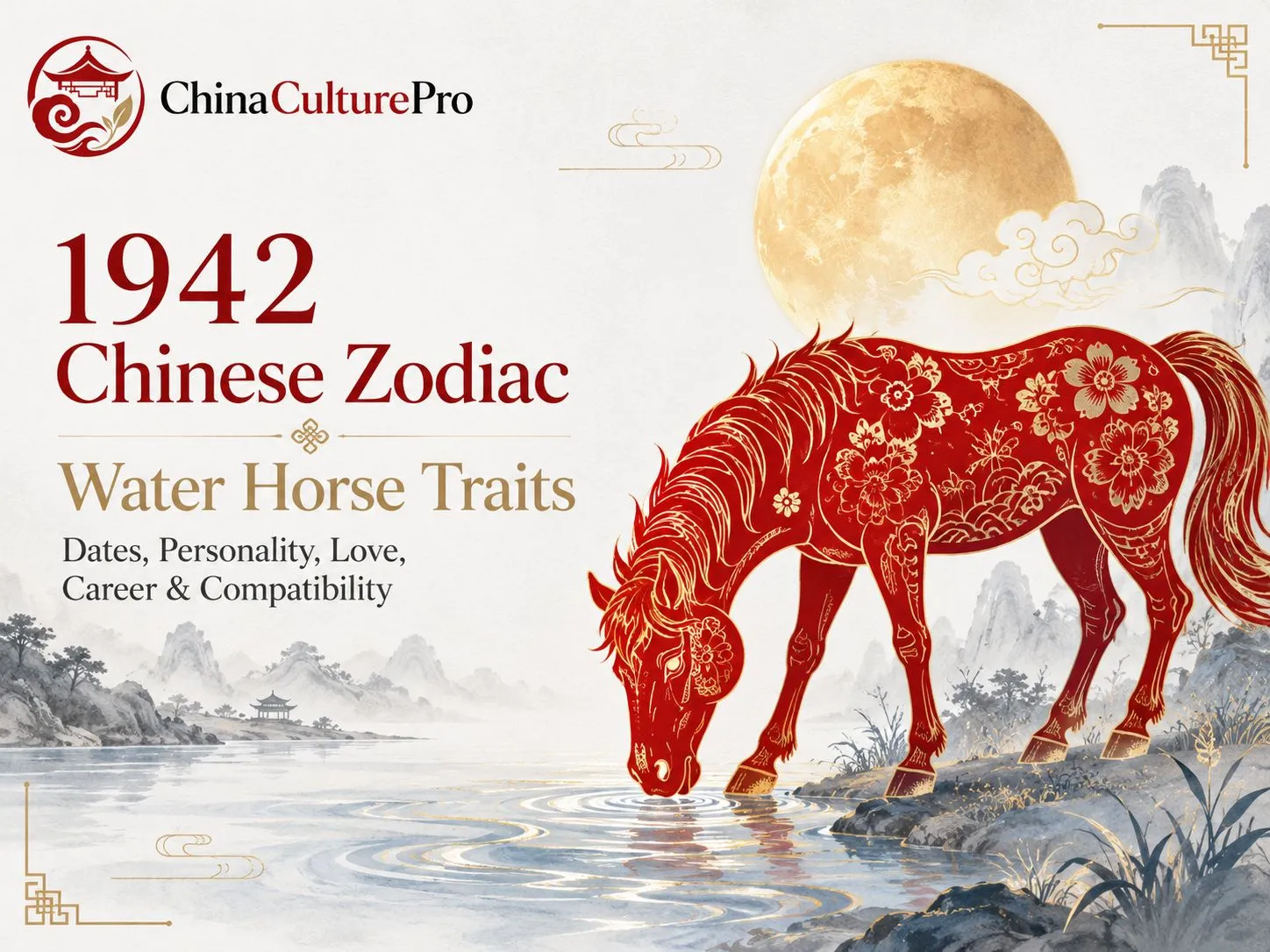 1942 Water Horse Chinese Zodiac cover with red gold horse, riverbank, moon and ink landscape