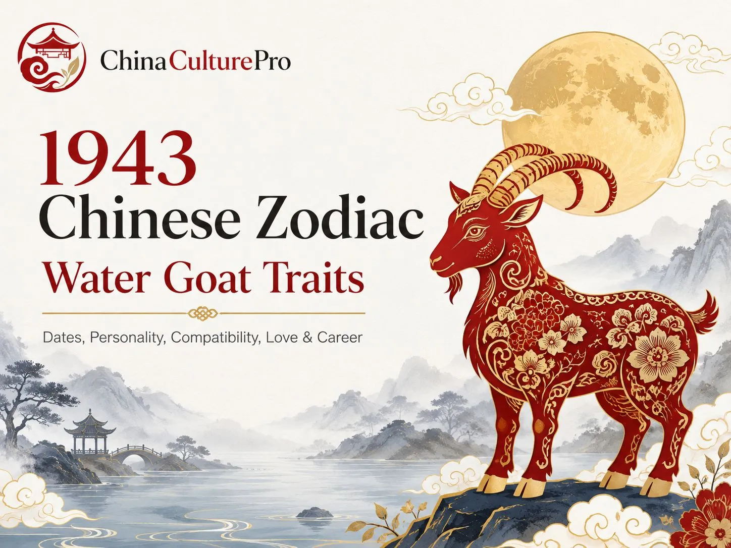 1943 Water Goat Chinese Zodiac cover with red gold goat, moonlit lake and traditional Chinese landscape