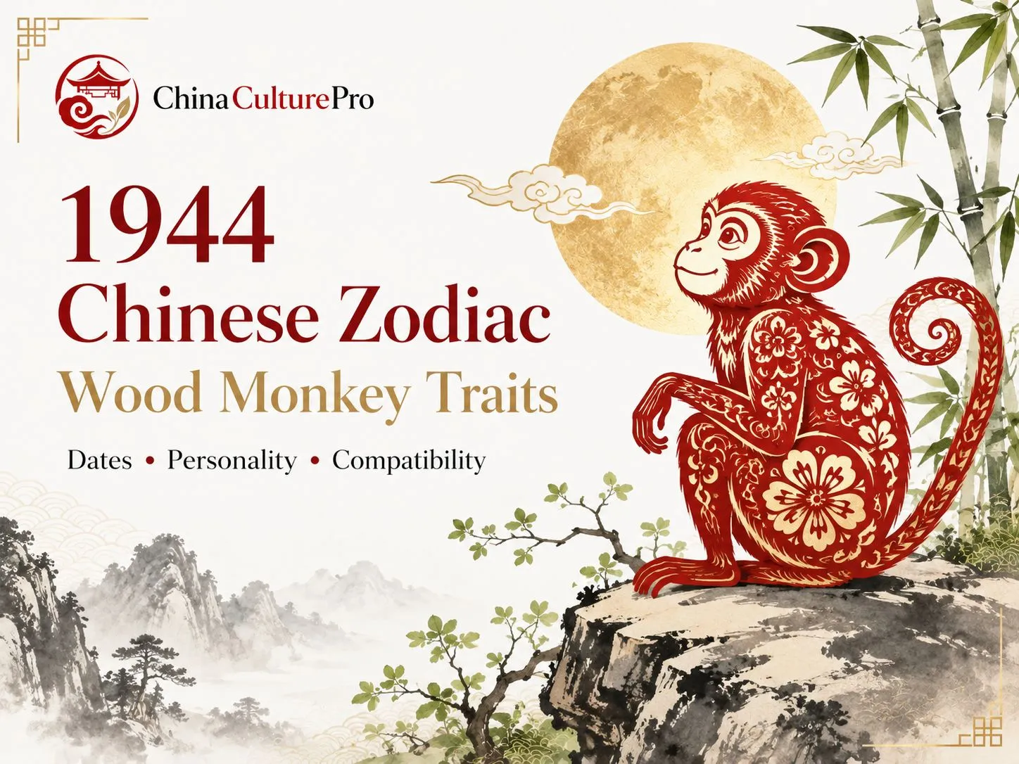 1944 Wood Monkey Chinese Zodiac cover with red gold monkey, bamboo, moon and ink landscape