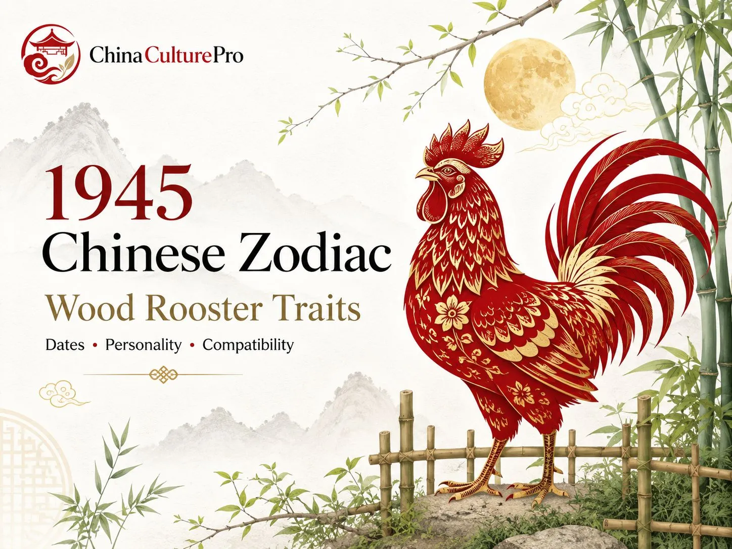1945 Wood Rooster Chinese Zodiac cover with red gold rooster, bamboo fence and moon
