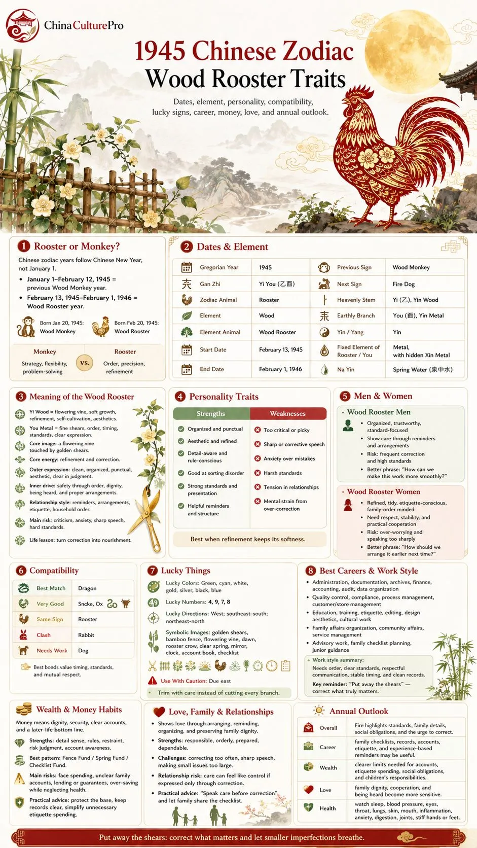 1945 Wood Rooster Chinese Zodiac traits infographic with dates, personality, compatibility, career, wealth, love and outlook 1945 Wood Rooster Chinese Zodiac traits infographic with dates, personality, compatibility, career, wealth, love and outlook