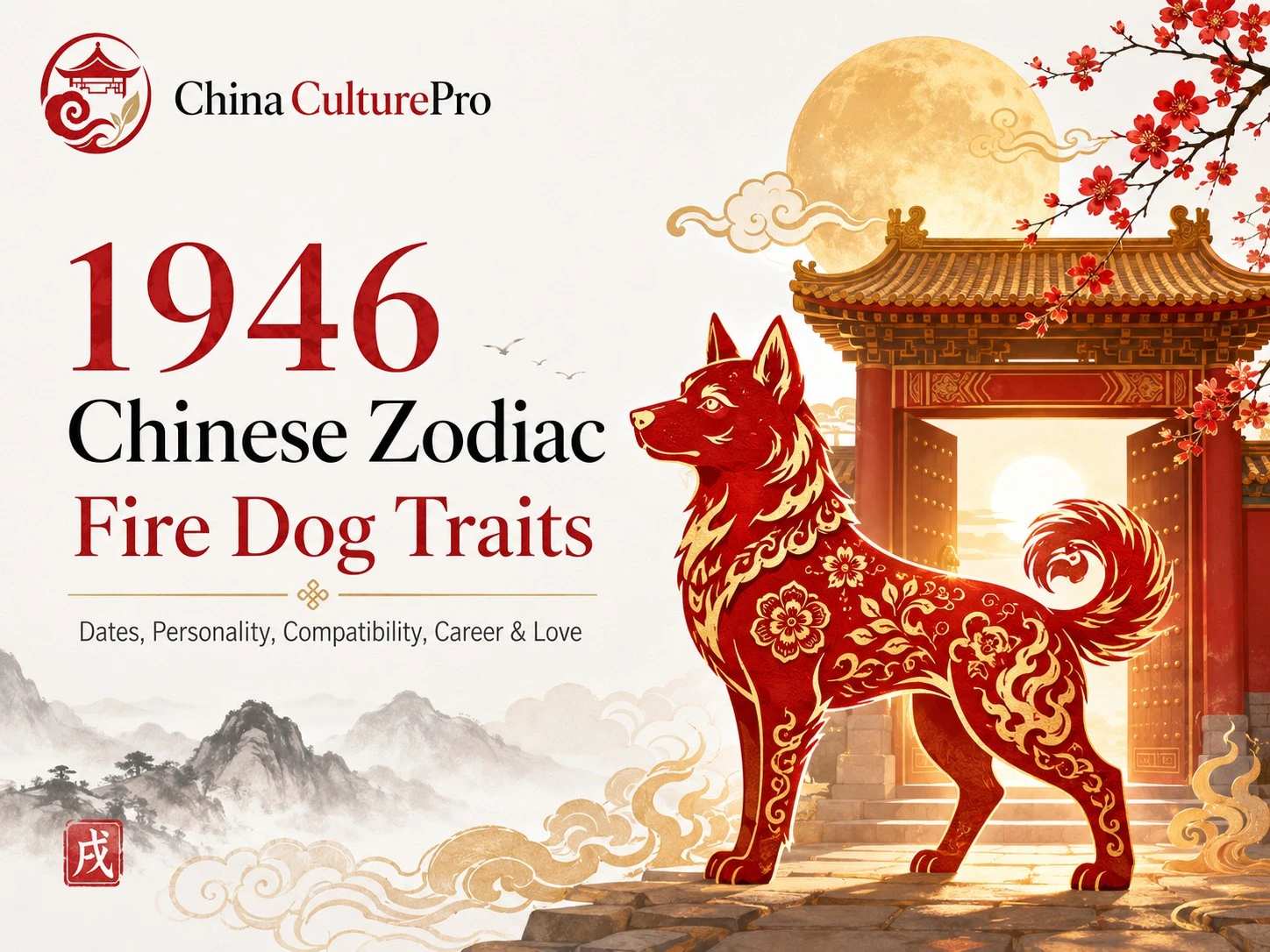 1946 Fire Dog Chinese Zodiac cover with red gold dog, sunlit gate and traditional Chinese design