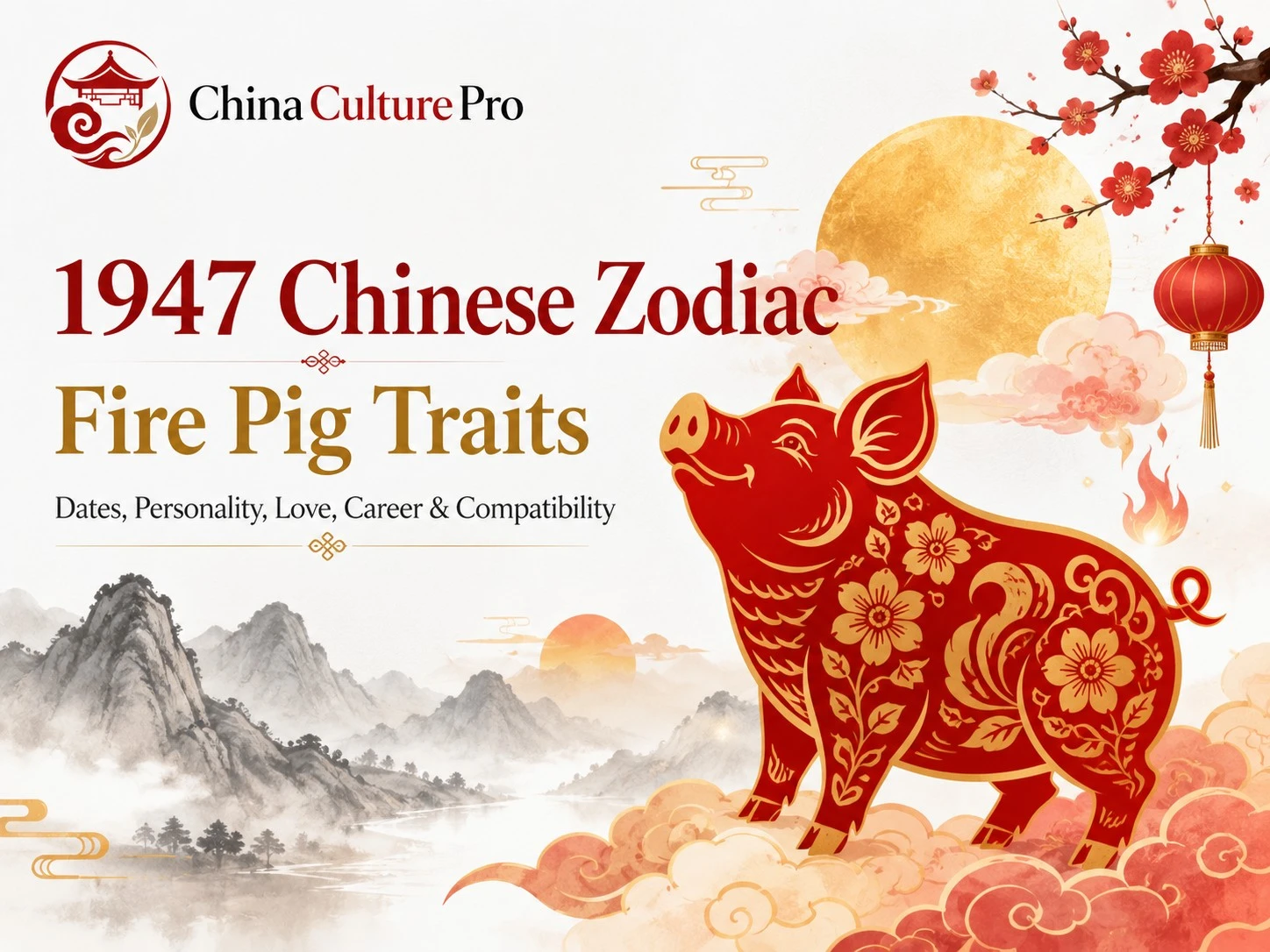 1947 Fire Pig Chinese Zodiac cover with red gold pig and moon