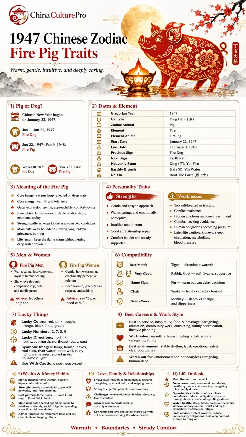 1947 Fire Pig Chinese Zodiac traits infographic with personality, compatibility, career, wealth and love 1947 Fire Pig Chinese Zodiac traits infographic with personality, compatibility, career, wealth and love