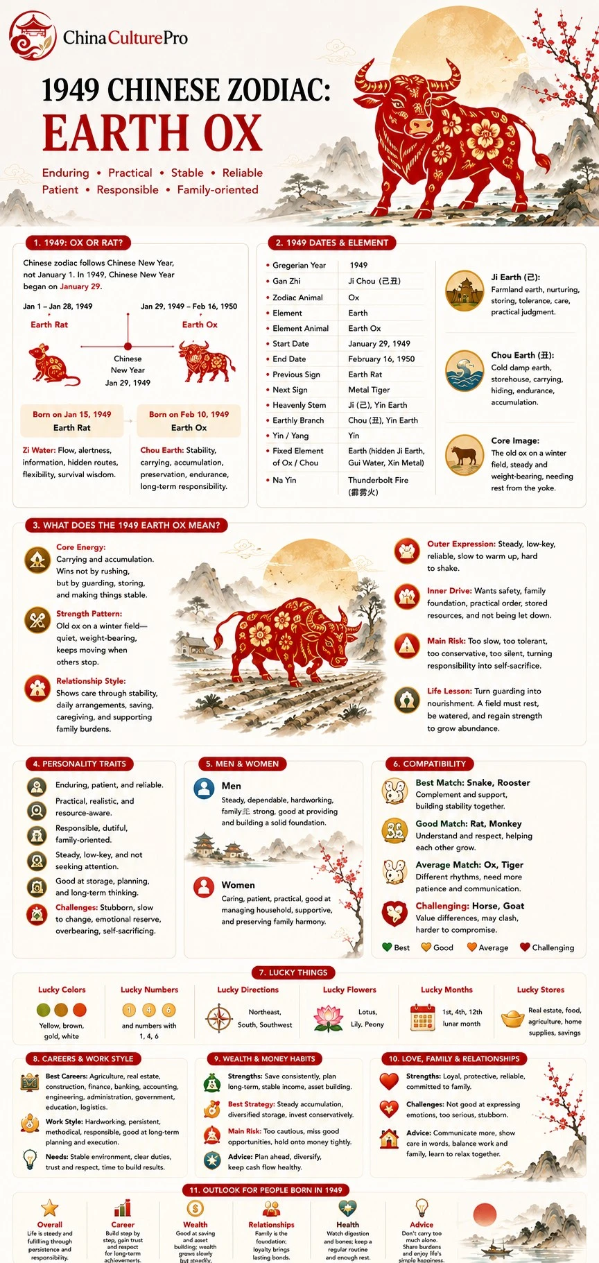 1949 Earth Ox Chinese zodiac traits infographic with personality compatibility career wealth and 1949 Earth Ox Chinese zodiac traits infographic with personality compatibility career wealth and
