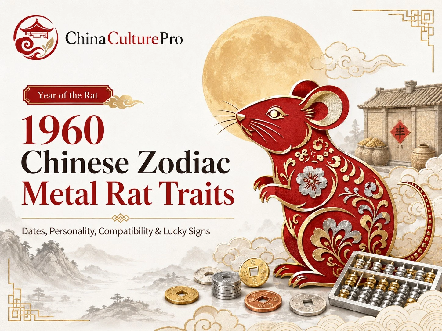 1960 Metal Rat zodiac cover with red gold rat moon abacus coins and China Culture Pro logo