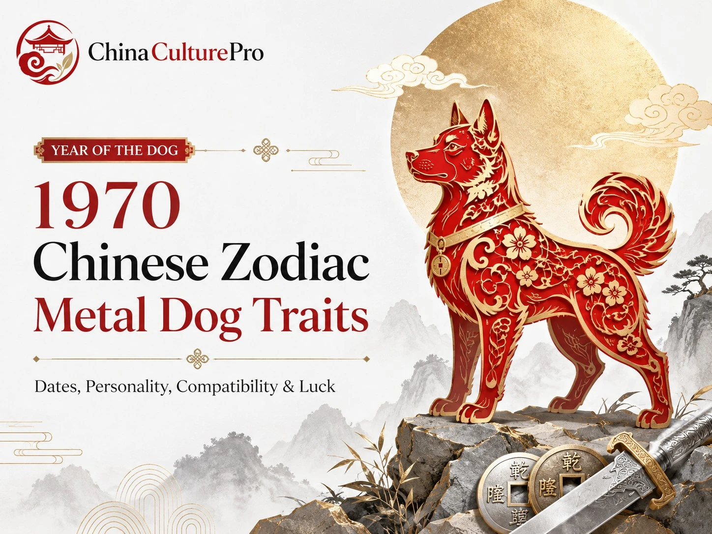 1970 Chinese Zodiac Metal Dog Cover Red Gold Guard Dog Design