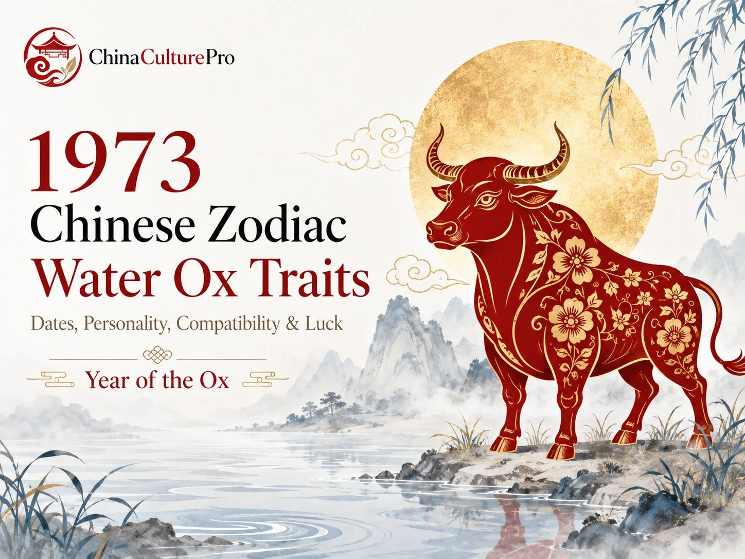 1973 Chinese Zodiac Water Ox Cover Elegant Red Gold Design