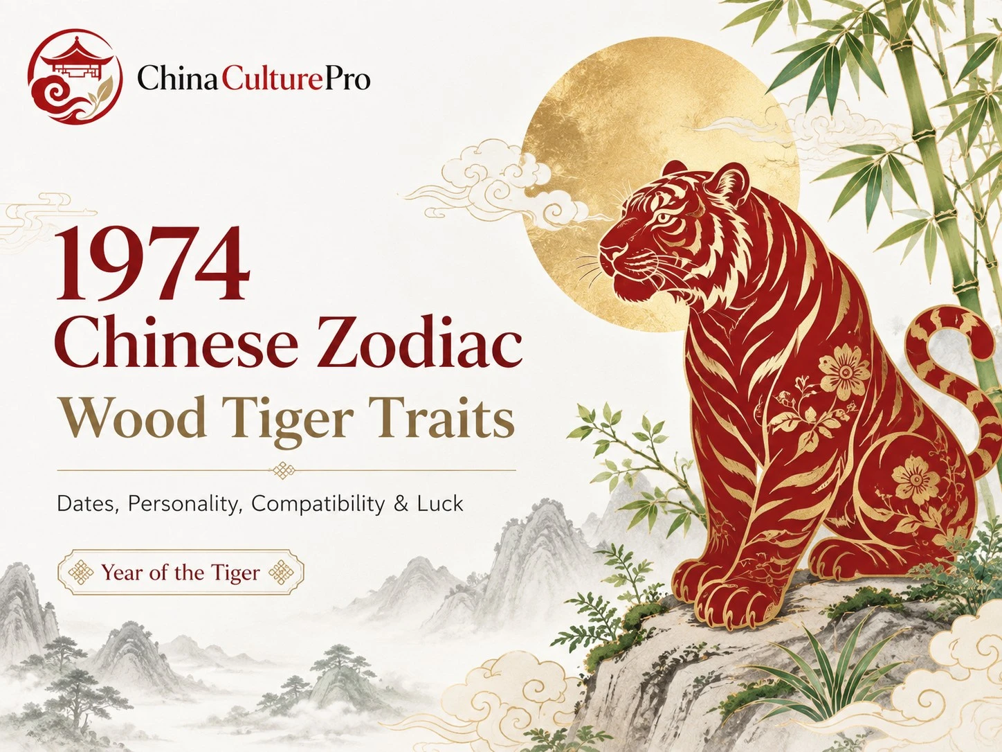 1974 Chinese Zodiac Wood Tiger Cover Red Gold Tiger Design