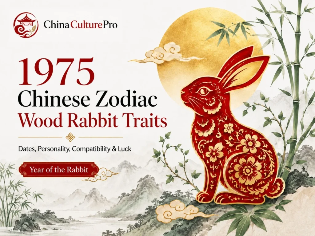 1975 Chinese Zodiac Wood Rabbit Cover with Red Gold Rabbit Design