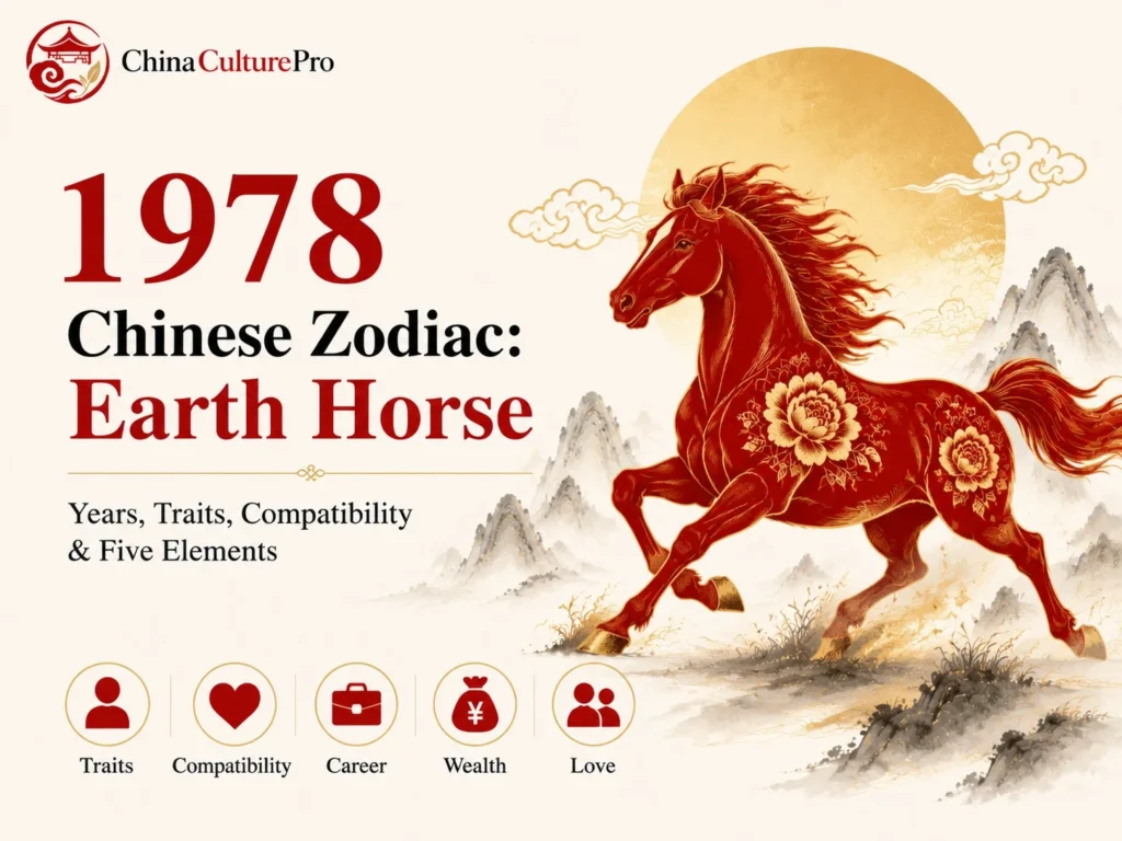 1978 Earth Horse Chinese zodiac cover with red gold horse illustration traits overview