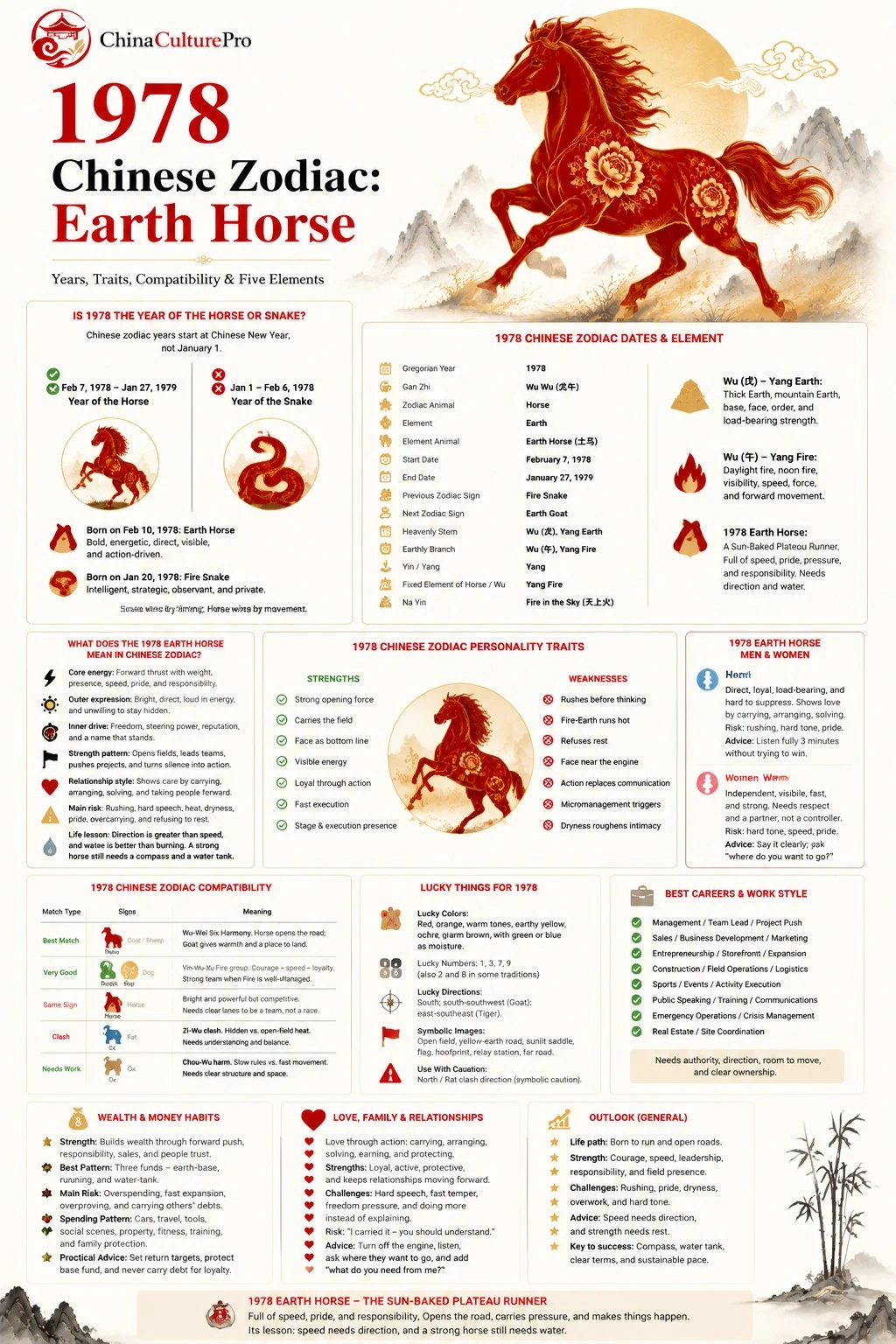 1978 Earth Horse Chinese zodiac infographic poster showing personality traits compatibility wealth career and love summary 1978 Earth Horse Chinese zodiac infographic poster showing personality traits compatibility wealth career and love summary
