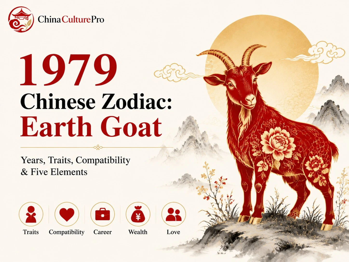 1979 Earth Goat Chinese zodiac cover with red gold goat illustration traits overview