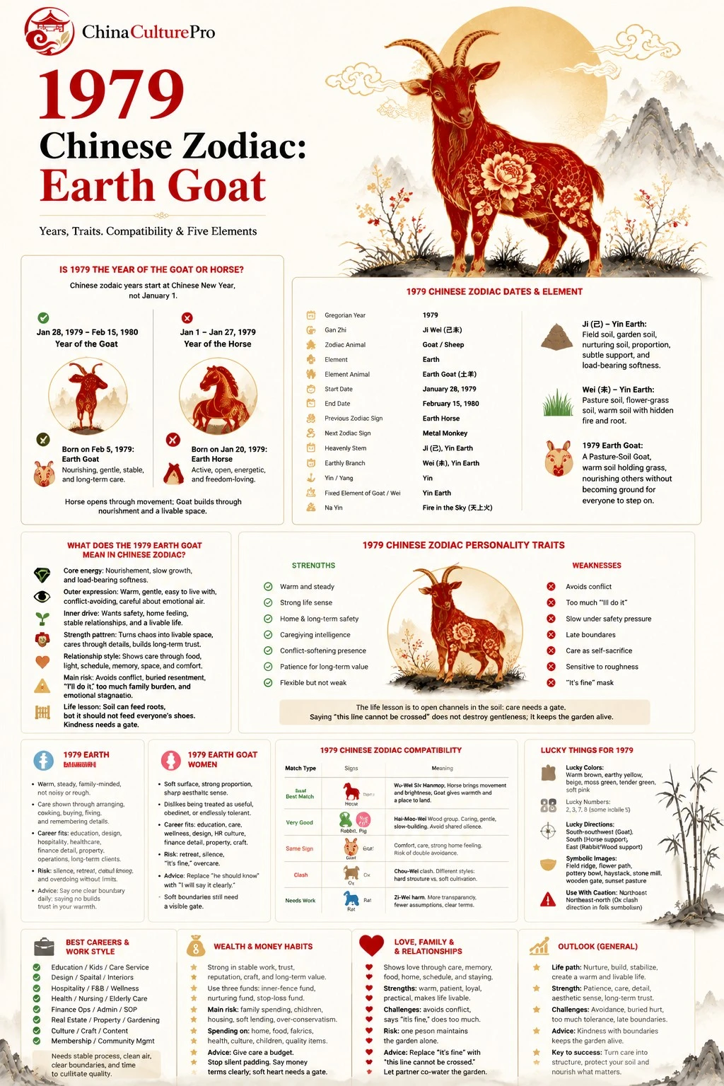 1979 Earth Goat Chinese zodiac infographic showing traits compatibility career wealth love and personality summary 1979 Earth Goat Chinese zodiac infographic showing traits compatibility career wealth love and personality summary