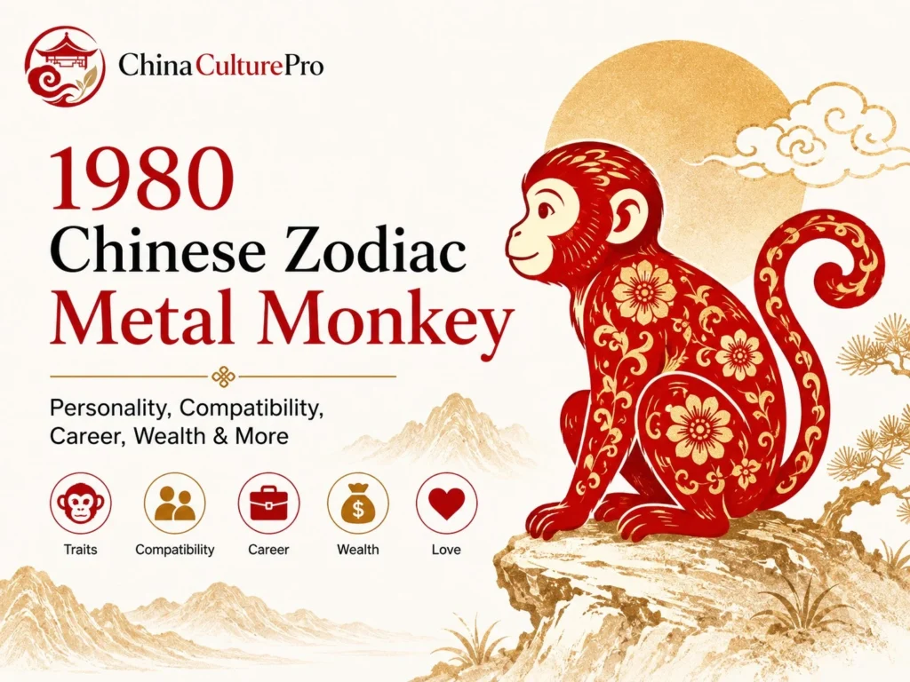 1980 Chinese zodiac Metal Monkey cover with red and gold monkey, dates, traits, compatibility, career, wealth, and love