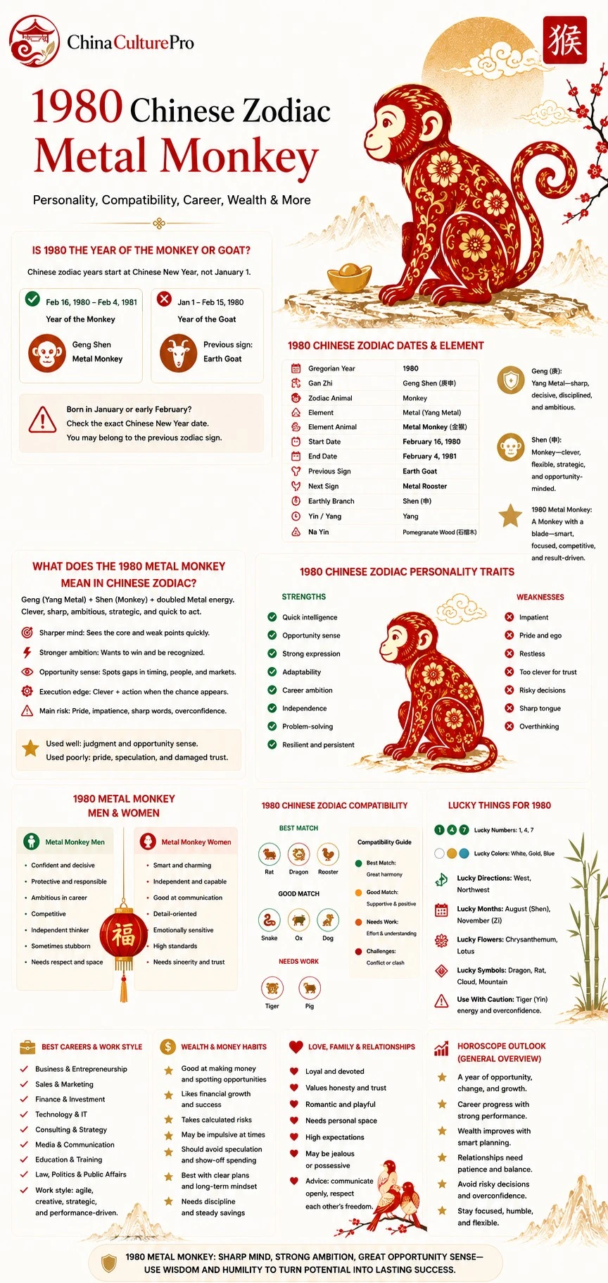 1980 Metal Monkey Chinese zodiac infographic showing dates, personality traits, compatibility, lucky signs, career, wealth, love, and outlook
