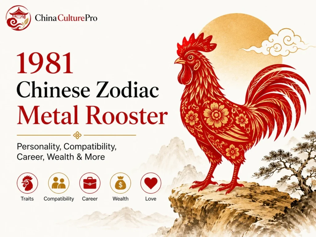 1981 Chinese zodiac Metal Rooster cover with red and gold rooster, dates, traits, compatibility, career, wealth, and love