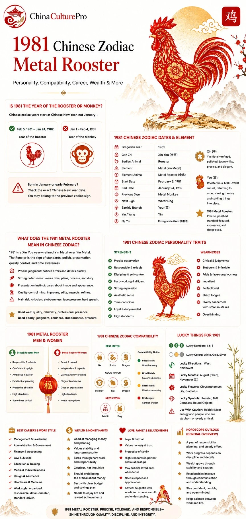 1981 Metal Rooster Chinese zodiac infographic showing dates, personality traits, compatibility, lucky signs, career, wealth, love, and outlook 1981 Metal Rooster Chinese zodiac infographic showing dates, personality traits, compatibility, lucky signs, career, wealth, love, and outlook