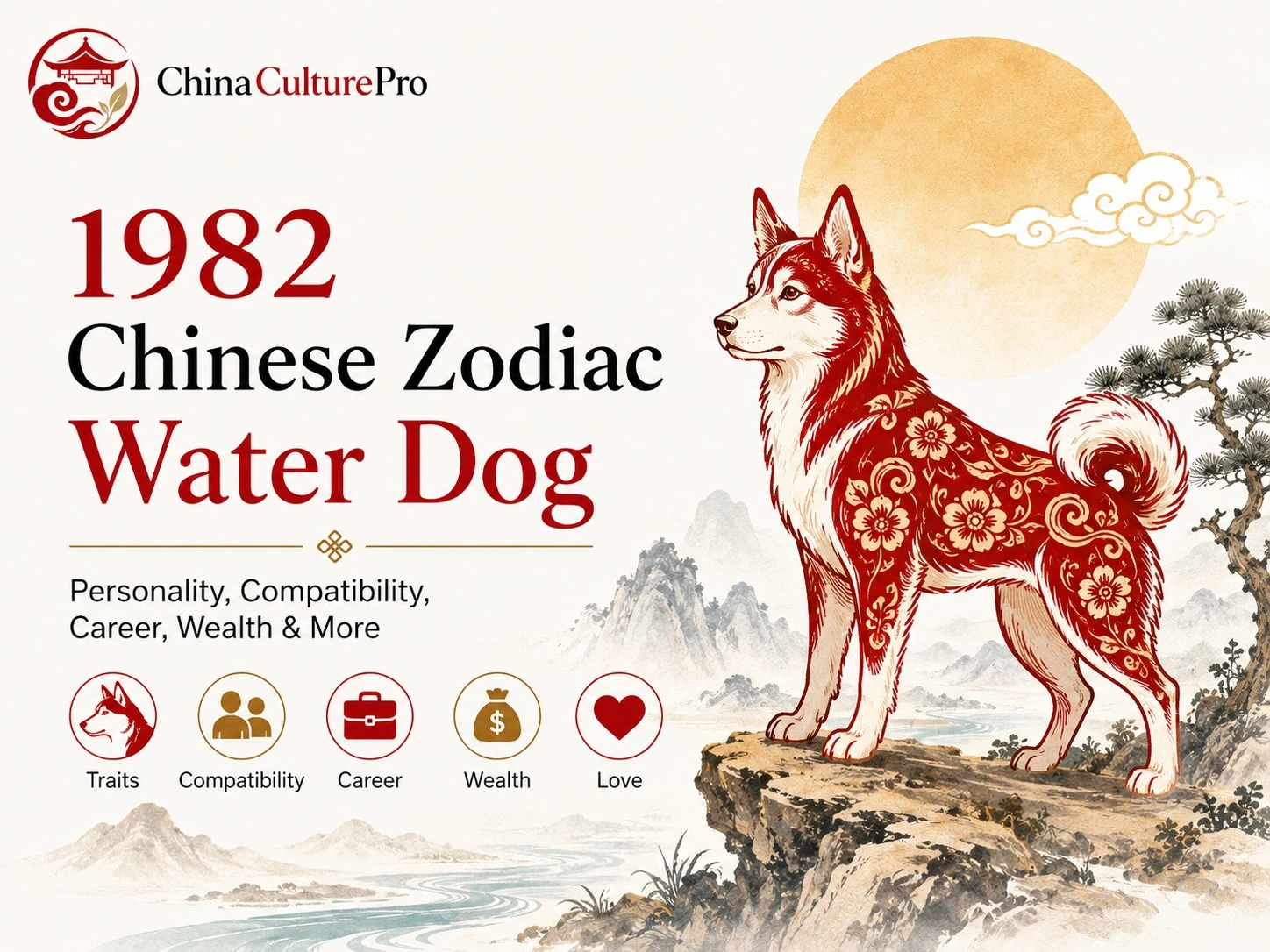 1982 Chinese zodiac Water Dog cover with red and gold dog, dates, traits, compatibility, career, wealth, and love