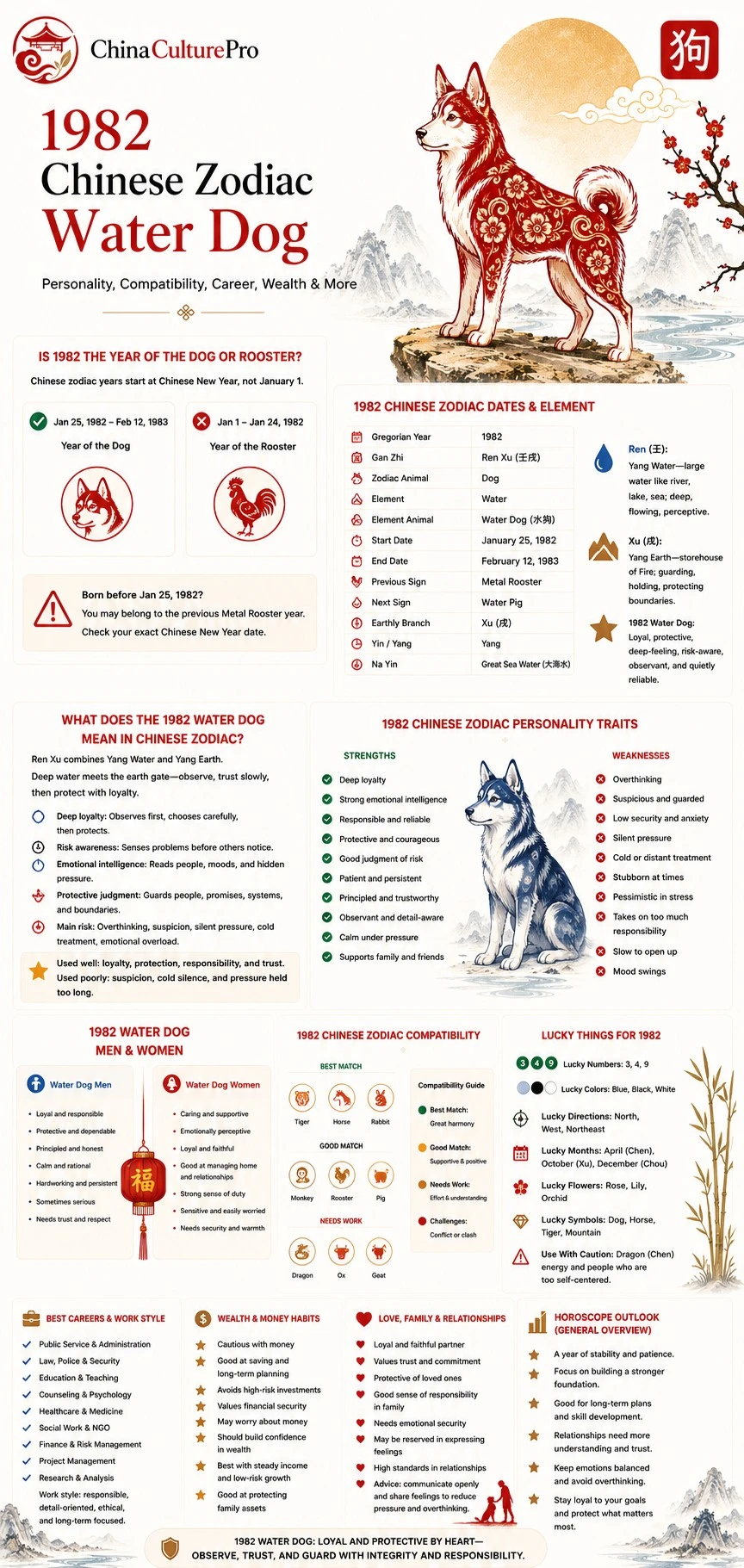 1982 Water Dog Chinese zodiac infographic showing dates, personality traits, compatibility, lucky signs, career, wealth, love, and outlook 1982 Water Dog Chinese zodiac infographic showing dates, personality traits, compatibility, lucky signs, career, wealth, love, and outlook