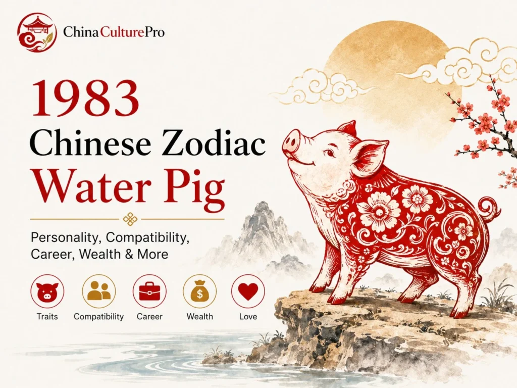 1983 Chinese zodiac Water Pig cover with red and gold pig, dates, traits, compatibility, career, wealth, and love