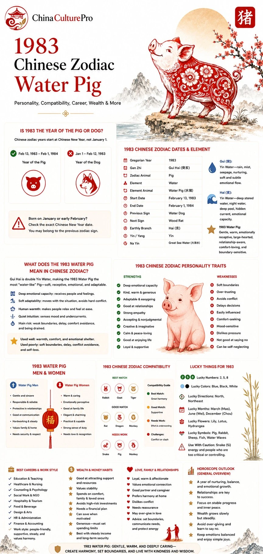 1983 Water Pig Chinese zodiac infographic showing dates, personality traits, compatibility, lucky signs, career, wealth, love, and outlook 1983 Water Pig Chinese zodiac infographic showing dates, personality traits, compatibility, lucky signs, career, wealth, love, and outlook