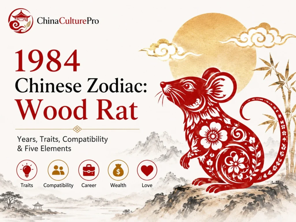 1984 Chinese zodiac Wood Rat cover with red and gold rat, dates, traits, compatibility, career, wealth, and love