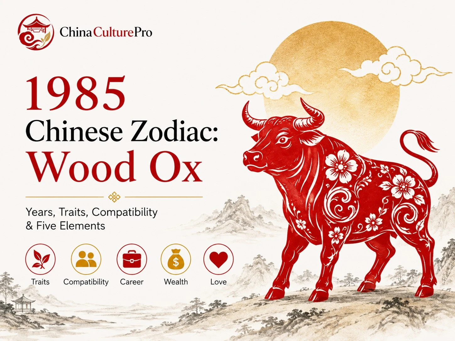 1985 Chinese zodiac Wood Ox cover with red and gold ox, dates, traits, compatibility, career, wealth, and love
