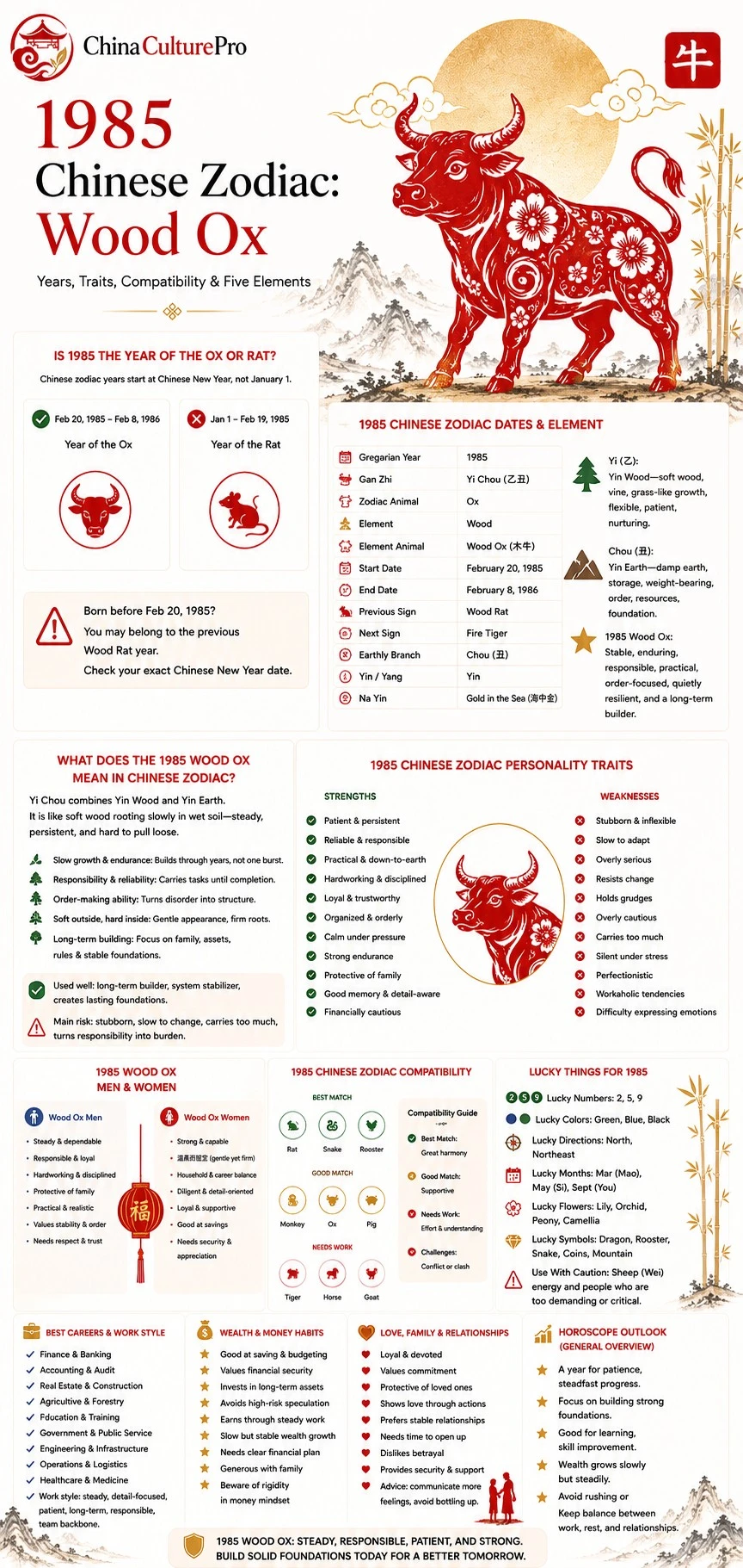 1985 Wood Ox Chinese zodiac infographic showing dates, personality traits, compatibility, lucky signs, career, wealth, love, and outlook 1985 Wood Ox Chinese zodiac infographic showing dates, personality traits, compatibility, lucky signs, career, wealth, love, and outlook