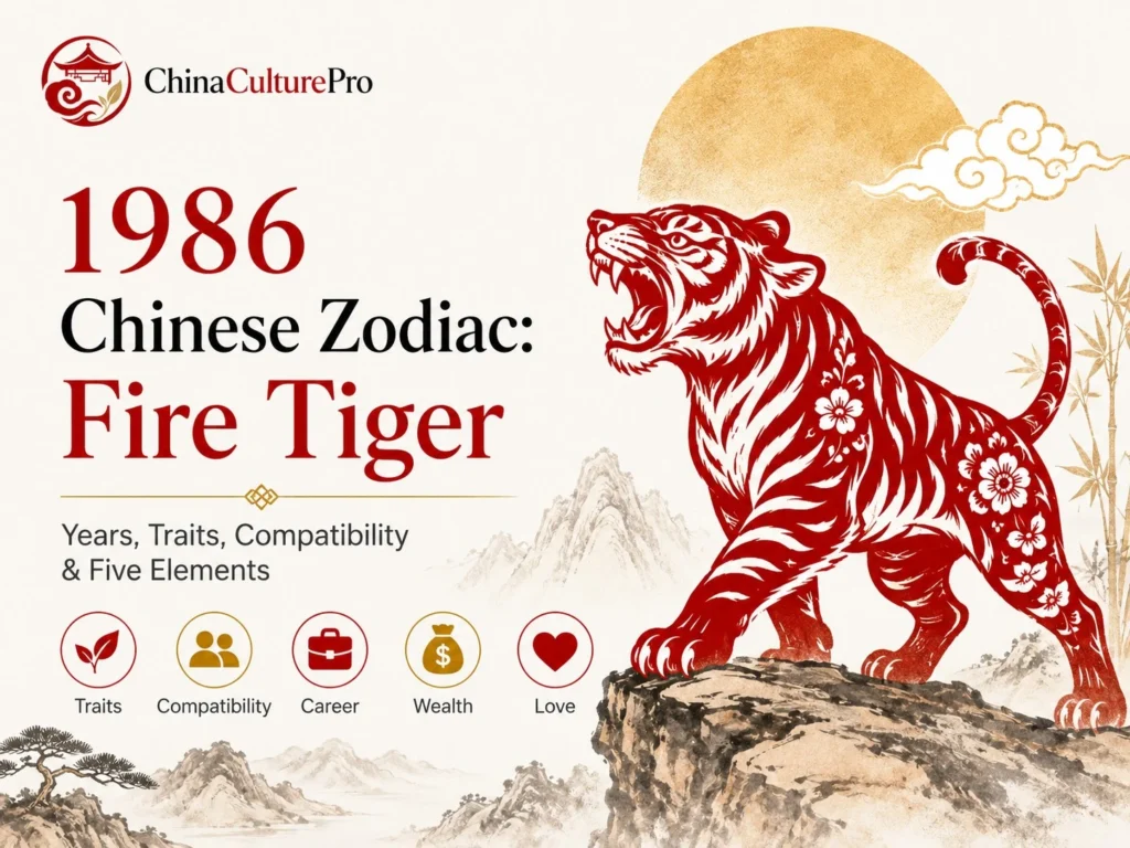 1986 Chinese zodiac Fire Tiger cover with red and gold tiger, dates, traits, compatibility, career, wealth, and love
