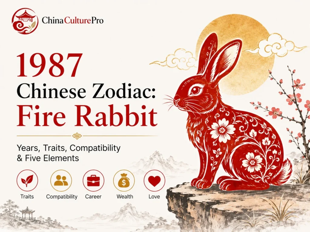 1987 Chinese zodiac Fire Rabbit cover with red and gold rabbit, dates, traits, compatibility, career, wealth, and love