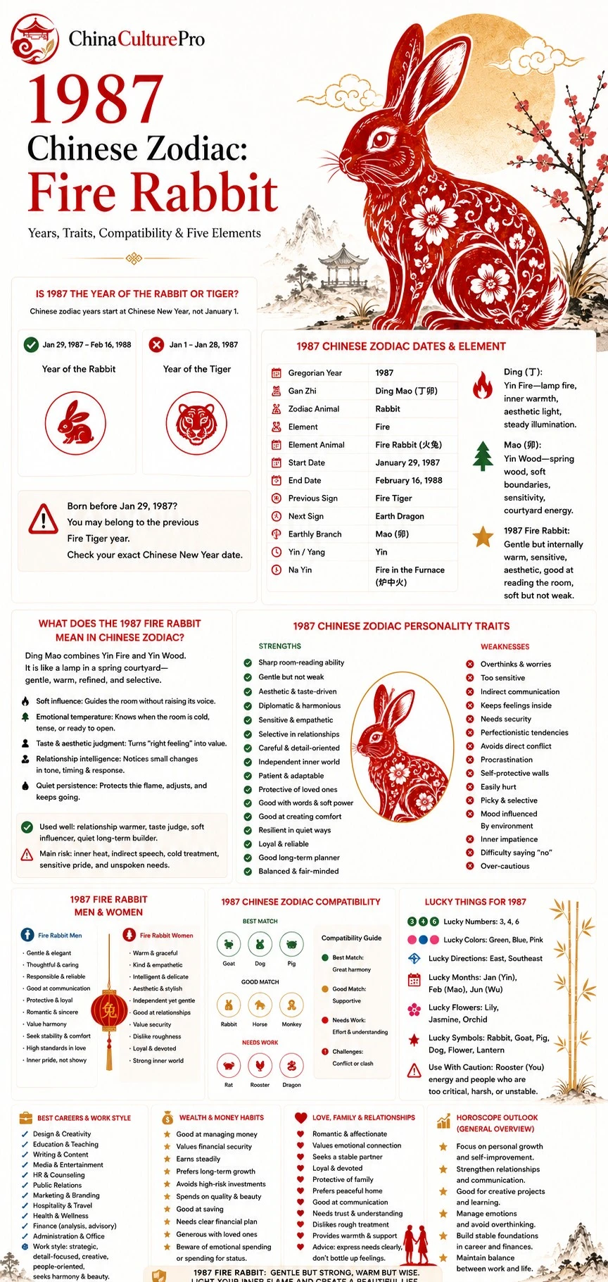 1987 Fire Rabbit Chinese zodiac infographic showing dates, personality traits, compatibility, lucky signs, career, wealth, love, and outlook 1987 Fire Rabbit Chinese zodiac infographic showing dates, personality traits, compatibility, lucky signs, career, wealth, love, and outlook