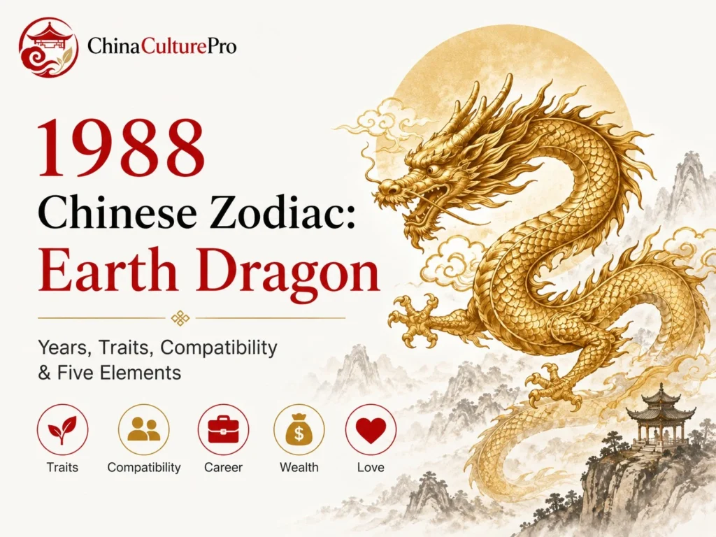 1988 Chinese zodiac Earth Dragon cover with gold dragon, dates, traits, compatibility, career, wealth, and love