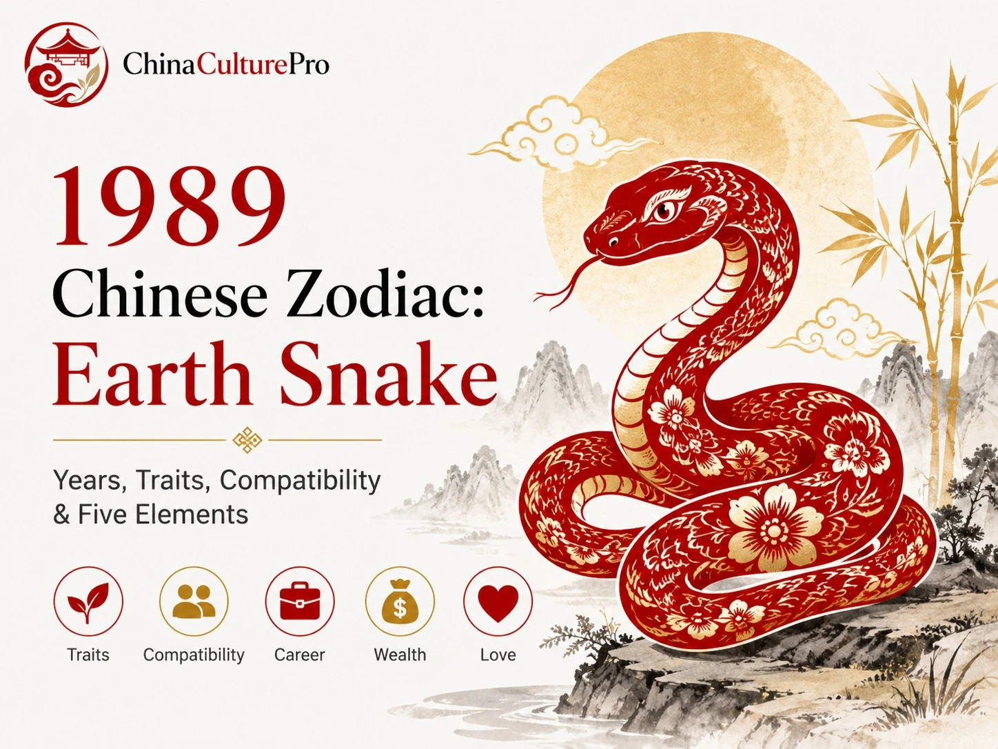 1989 Chinese zodiac Earth Snake cover with red and gold snake, dates, traits, compatibility, career, wealth, and love