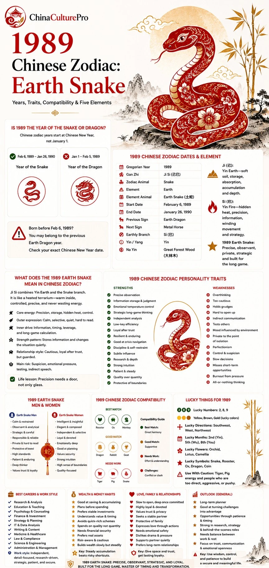 1989 Earth Snake Chinese zodiac infographic showing dates, personality traits, compatibility, lucky signs, career, wealth, love, and outlook 1989 Earth Snake Chinese zodiac infographic showing dates, personality traits, compatibility, lucky signs, career, wealth, love, and outlook