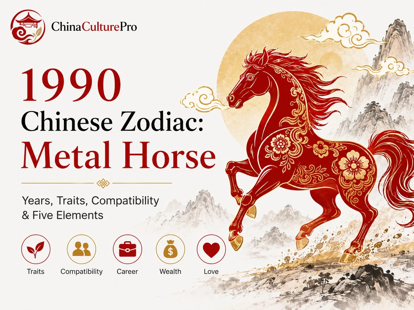 1990 Chinese zodiac Metal Horse cover with red and gold horse, dates, traits, compatibility, career, wealth, and love