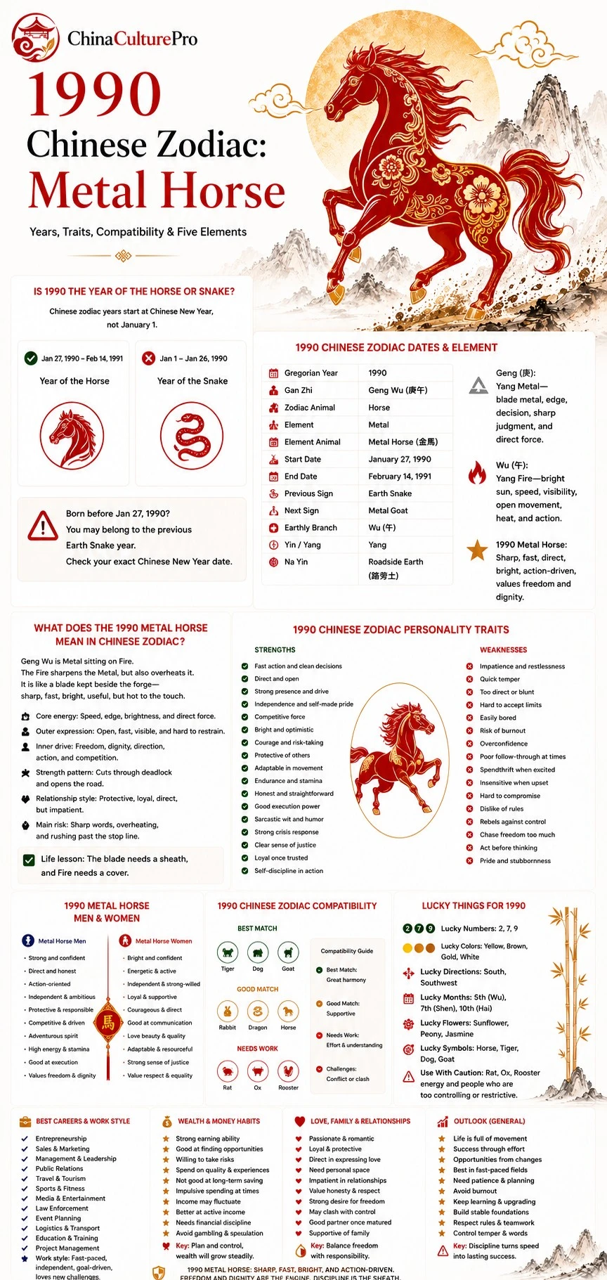1990 Metal Horse Chinese zodiac infographic showing dates, personality traits, compatibility, lucky signs, career, wealth, love, and outlook 1990 Metal Horse Chinese zodiac infographic showing dates, personality traits, compatibility, lucky signs, career, wealth, love, and outlook