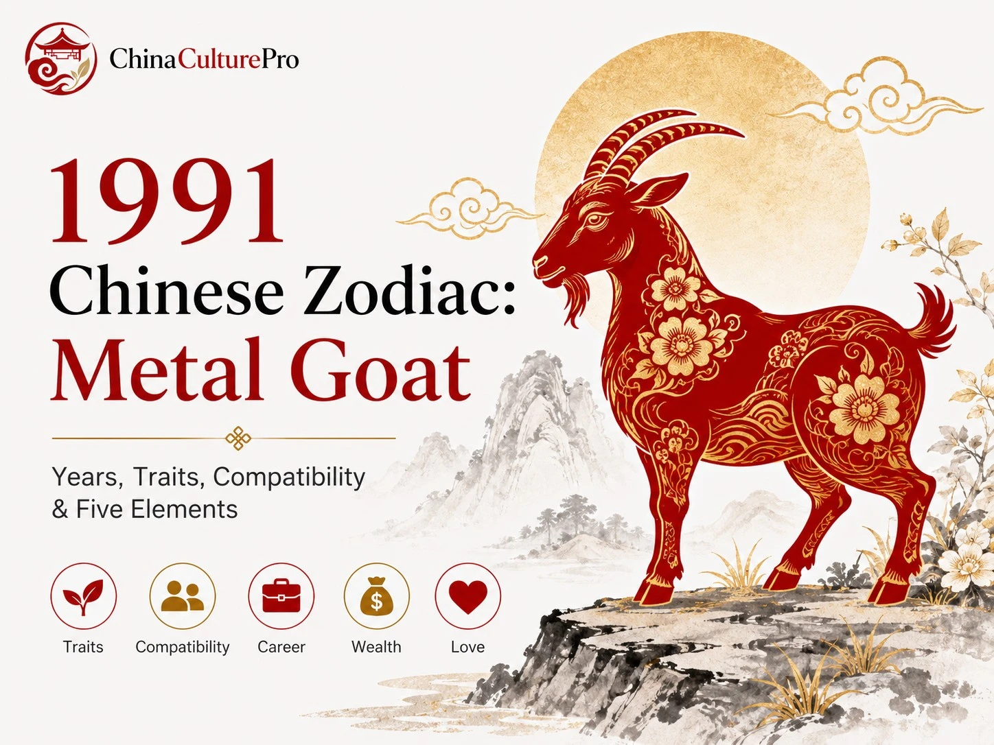 1991 Chinese zodiac Metal Goat cover with red and gold goat, dates, traits, compatibility, career, wealth, and love