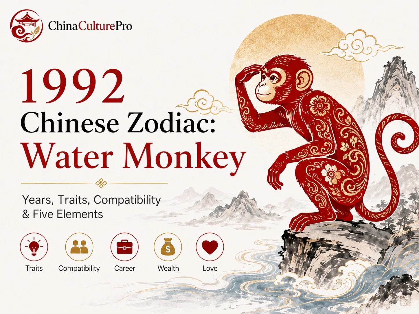 1992 Chinese zodiac Water Monkey cover with red and gold monkey, dates, traits, compatibility, career, wealth, and love
