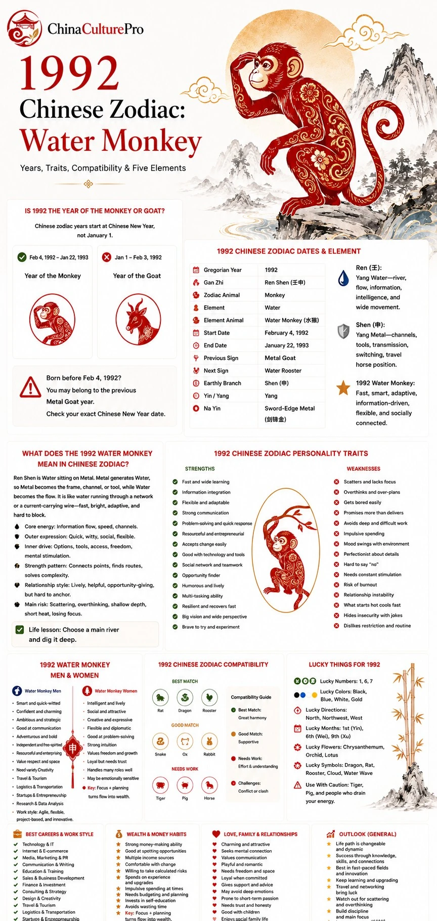1992 Water Monkey Chinese zodiac infographic showing dates, personality traits, compatibility, lucky signs, career, wealth, love, and outlook
