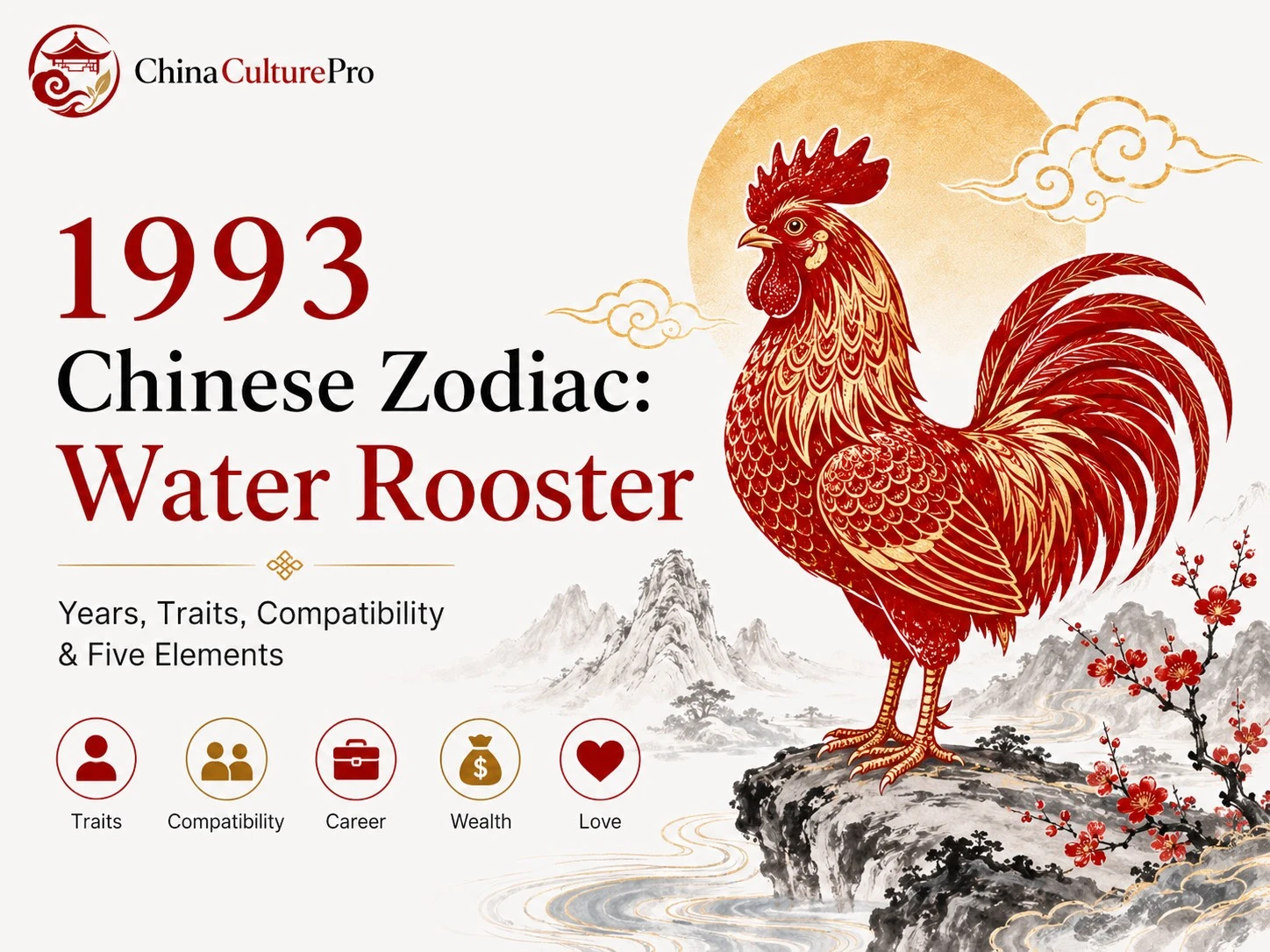 1993 Chinese zodiac Water Rooster cover with red and gold rooster, dates, traits, compatibility, career, wealth, and love