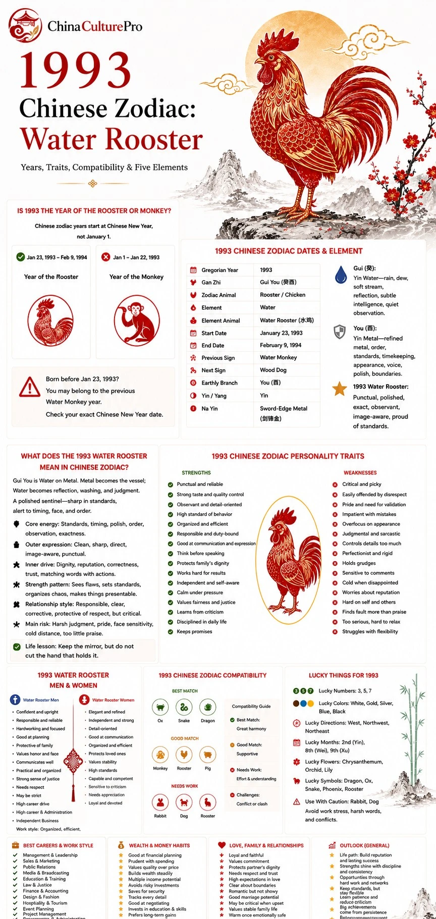 1993 Water Rooster Chinese zodiac infographic showing dates, personality traits, compatibility, lucky signs, career, wealth, love, and outlook 1993 Water Rooster Chinese zodiac infographic showing dates, personality traits, compatibility, lucky signs, career, wealth, love, and outlook