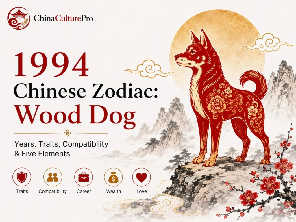 1994 Chinese zodiac Wood Dog cover with red and gold dog, dates, traits, compatibility, career, wealth, and love