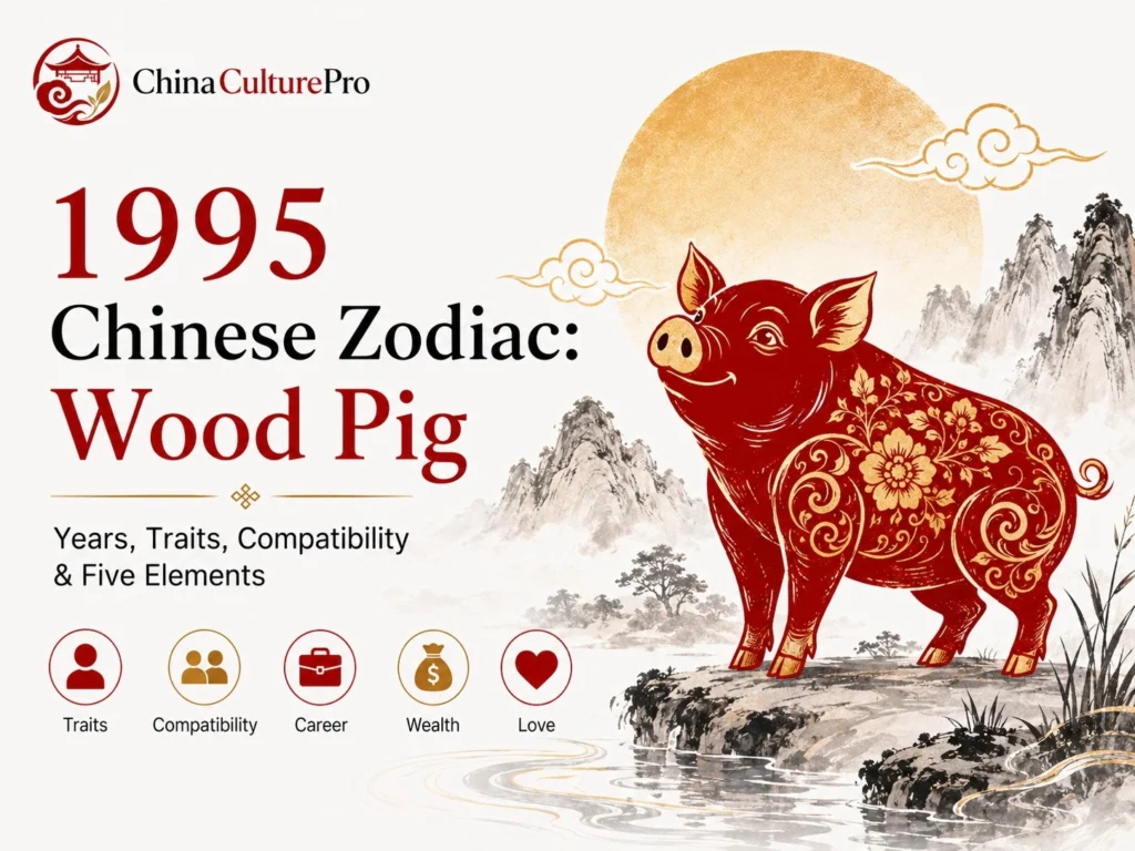 1995 Chinese zodiac Wood Pig cover with red and gold pig, dates, traits, compatibility, career, wealth, and love