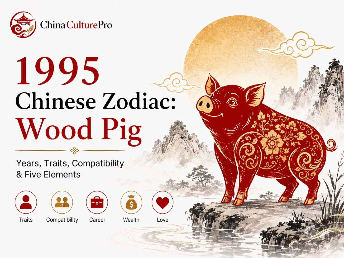 1995 Chinese zodiac Wood Pig cover with red and gold pig, dates, traits, compatibility, career, wealth, and love