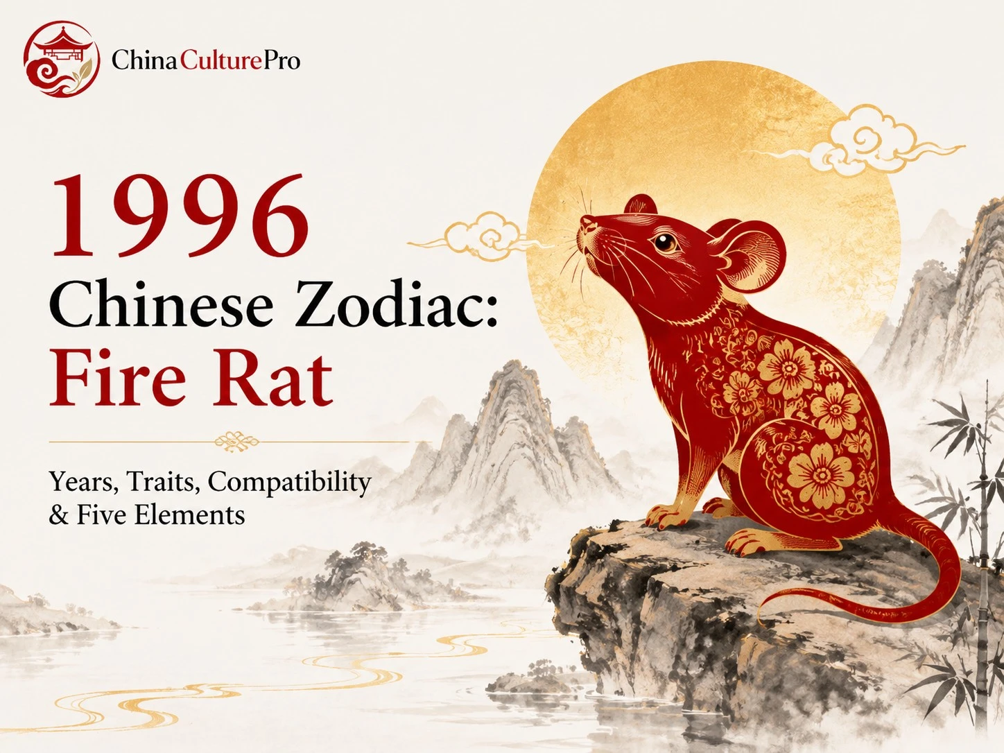 1996 Chinese zodiac Fire Rat cover with red and gold rat illustration, date range, personality traits, compatibility, career, wealth, and love overview