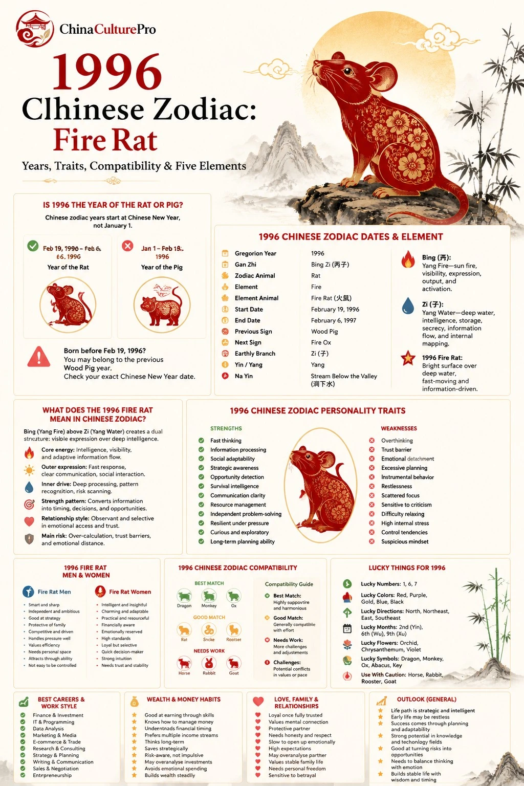 1996 Fire Rat Chinese zodiac infographic poster showing dates, Five Elements (Fire Rat), personality traits, compatibility chart, lucky symbols, career, wealth, love, and 2026 outlook summary 1996 Fire Rat Chinese zodiac infographic poster showing dates, Five Elements (Fire Rat), personality traits, compatibility chart, lucky symbols, career, wealth, love, and 2026 outlook summary